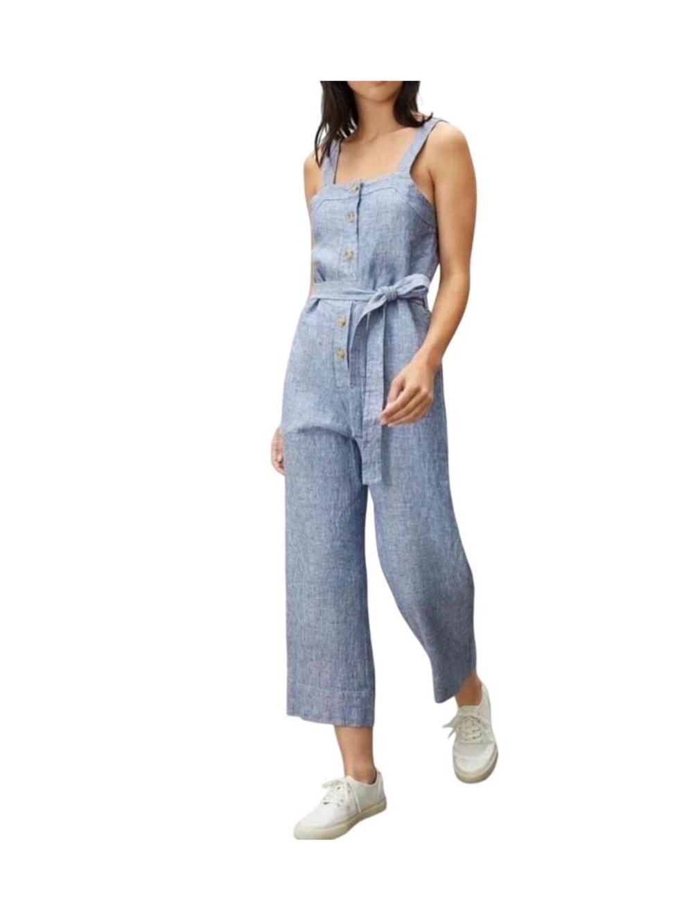 Everlane Picnic 100% Linen Jumpsuit Cropped Striped Blue White Coastal Resort 12